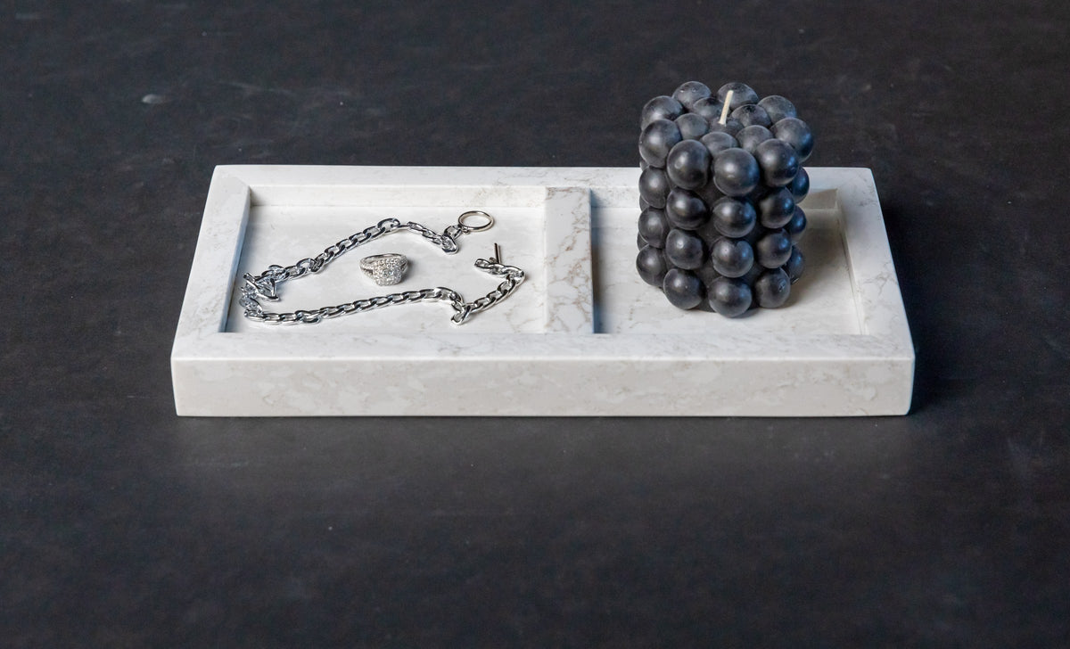 Third Coast Stone divided quartz jewelry organizer styled with a bracelet