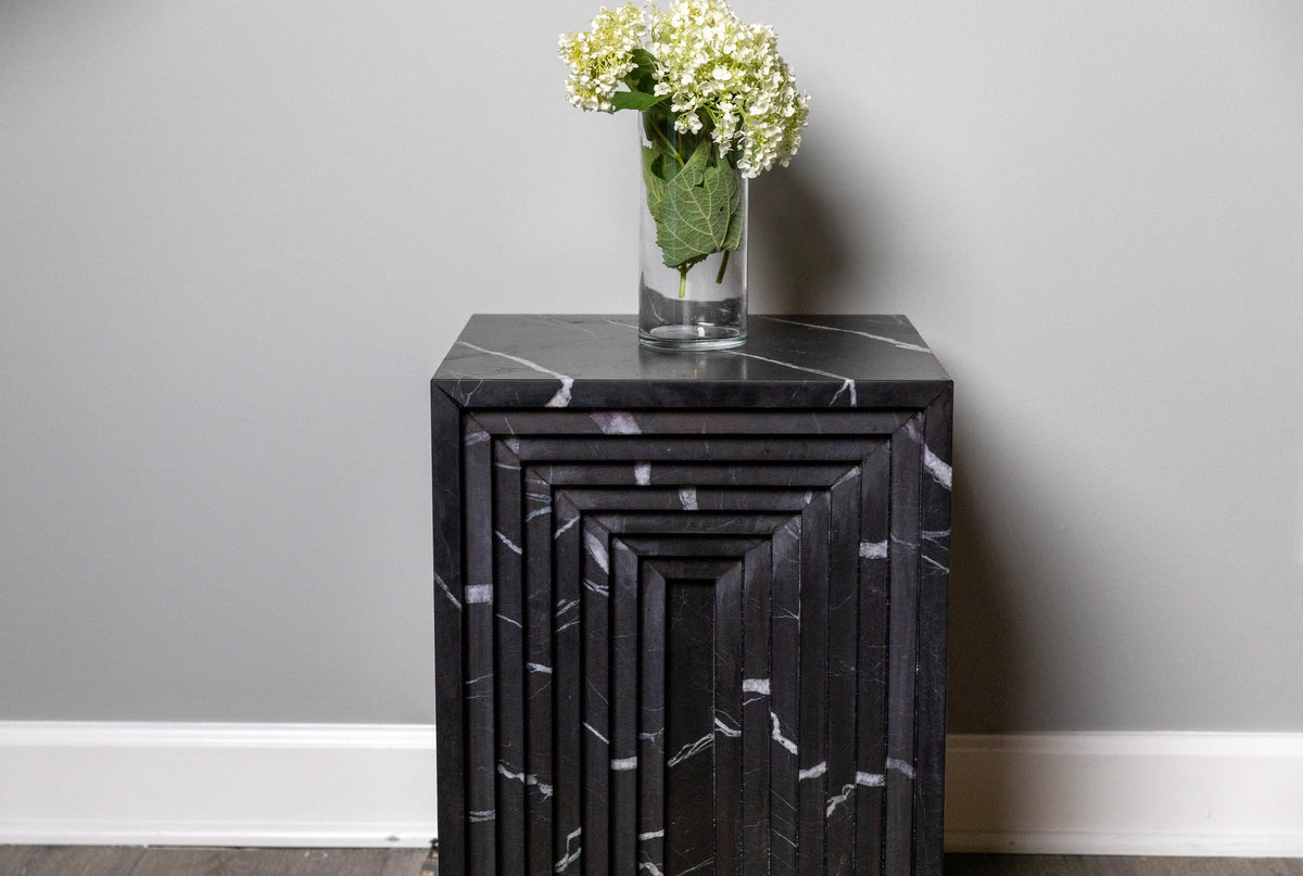 Third Coast Stone layered side table, shown in black marble
