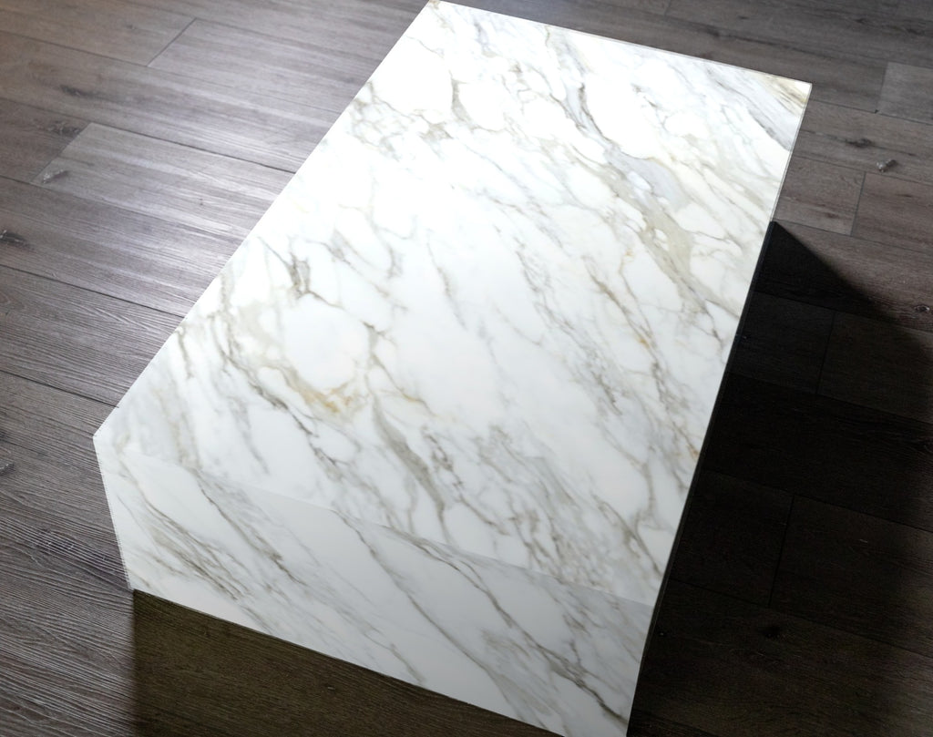 Quartz plinth coffee table in Calacatta Gold | Third Coast Stone