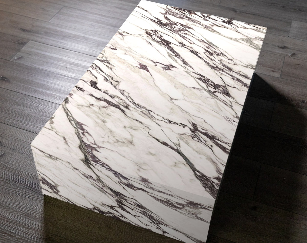 Neolith plinth coffee table in Calacatta Viola | Third Coast Stone
