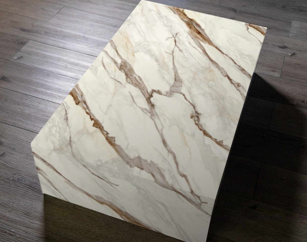 Quartz plinth coffee table in Macchia Vecchia | Third Coast Stone