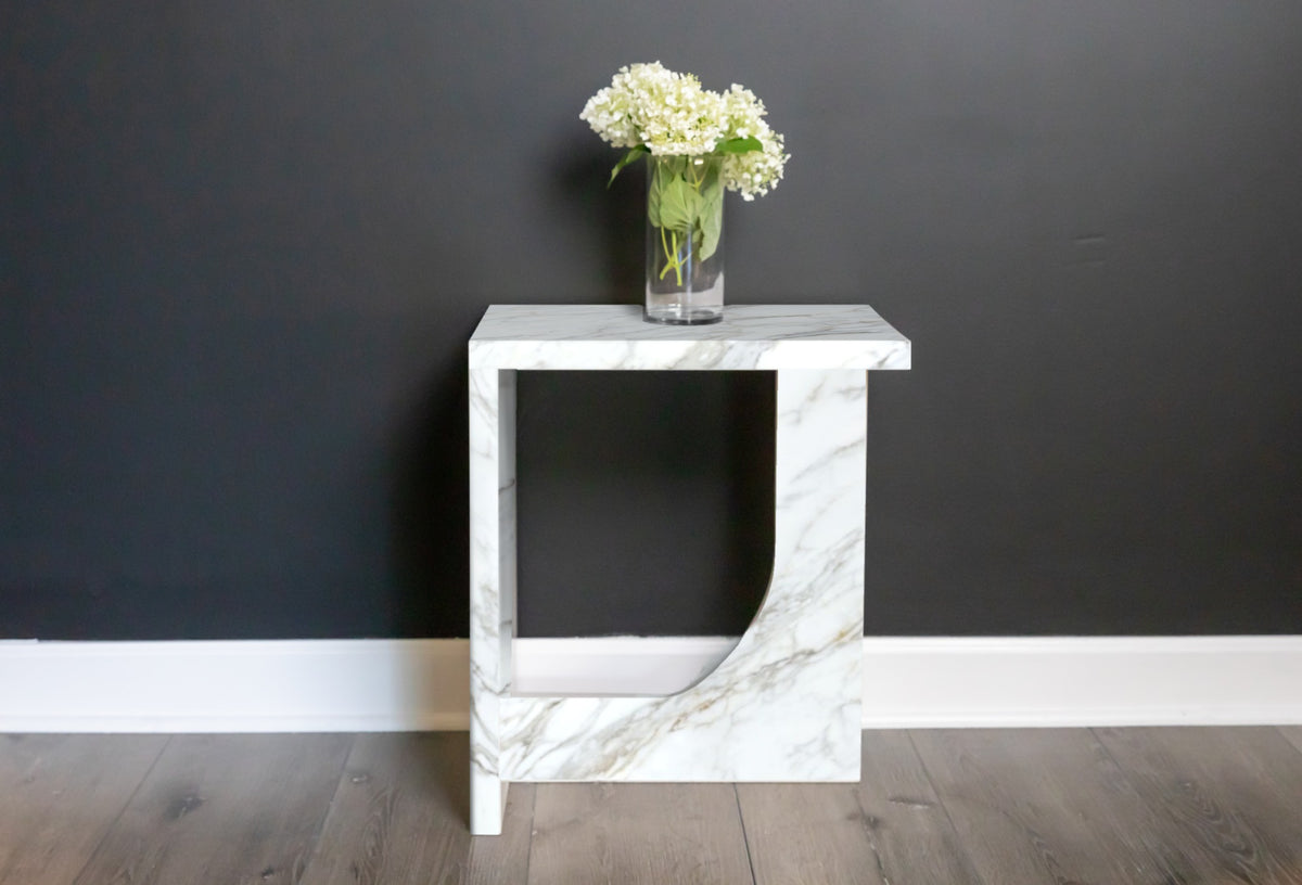 Quartz curved framed side table in Calacatta Gold | Third Coast Stone