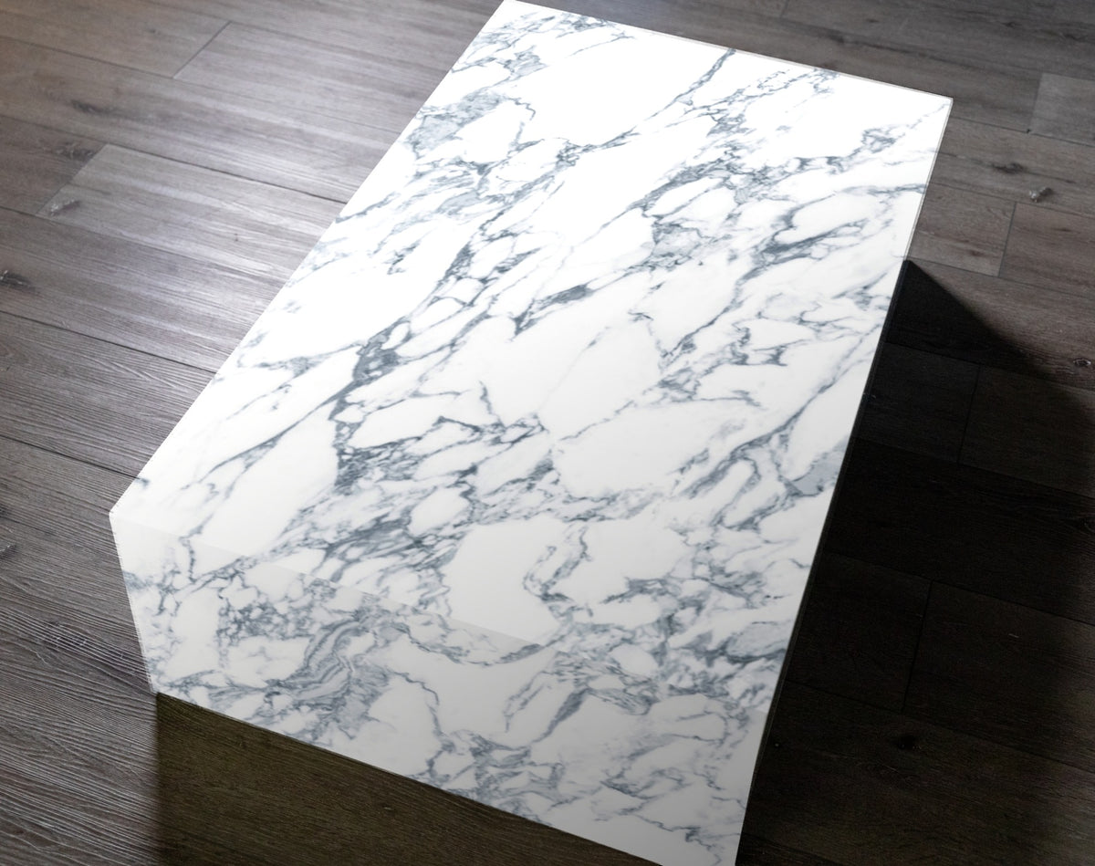 Quartz plinth coffee table in Arabescato | Third Coast Stone