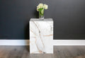 Neolith plinth side table in Calacatta Luxe | Third Coast Stone