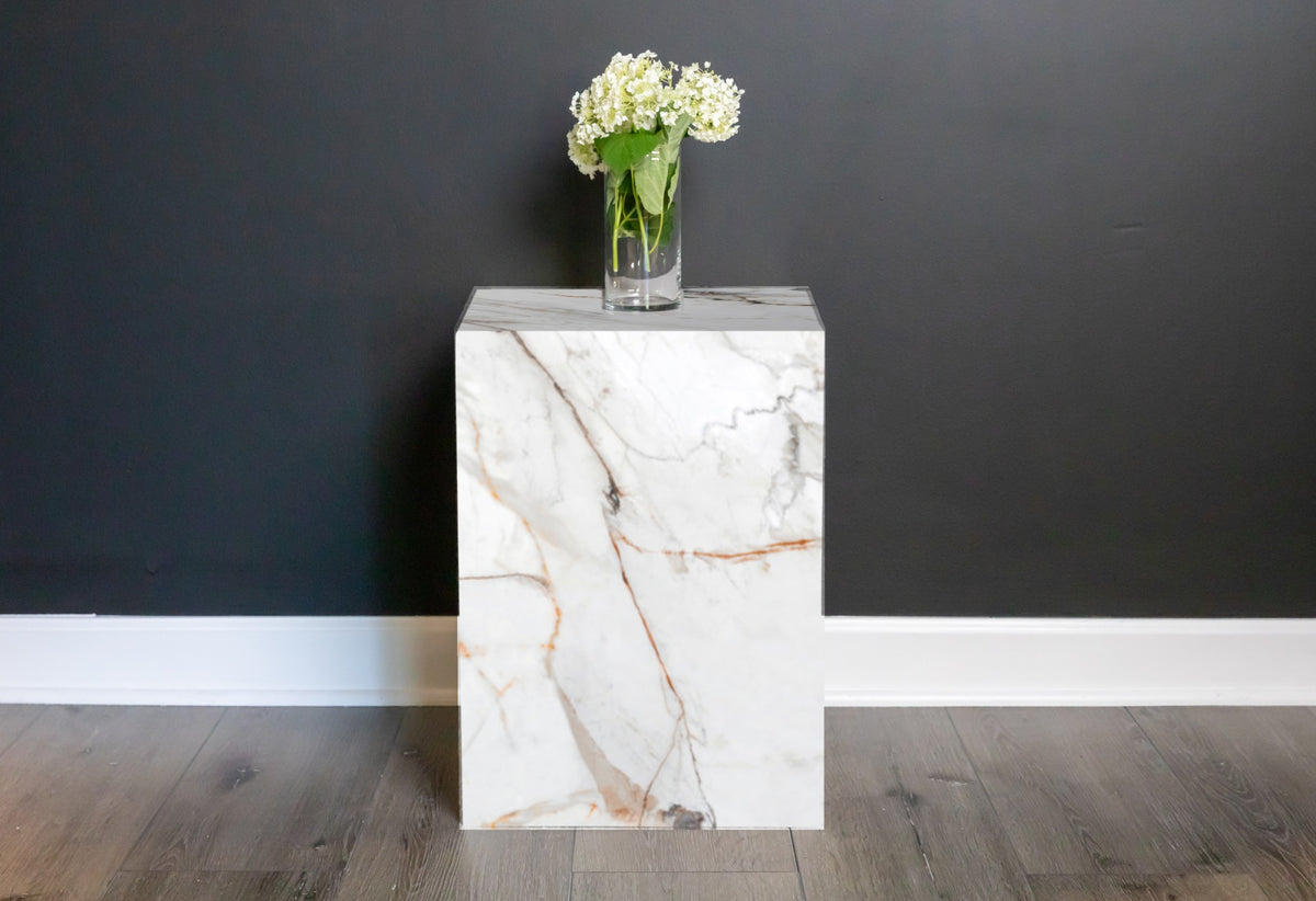 Neolith plinth side table in Calacatta Luxe | Third Coast Stone