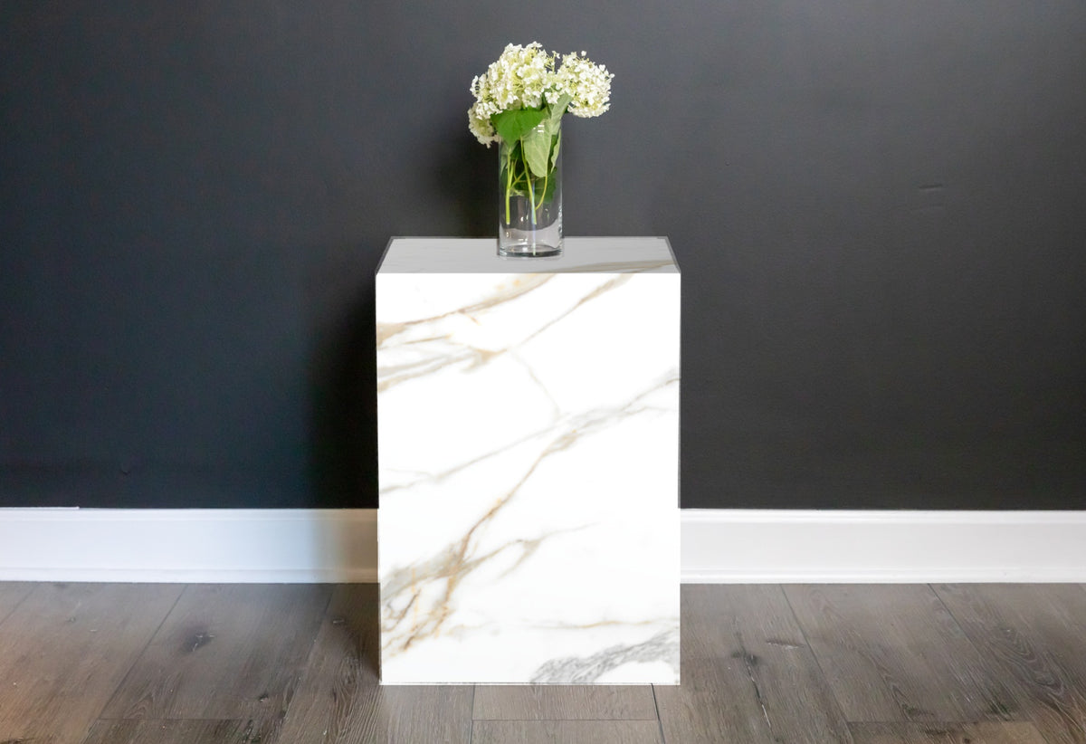 Neolith plinth side table in Calacatta Roma | Third Coast Stone