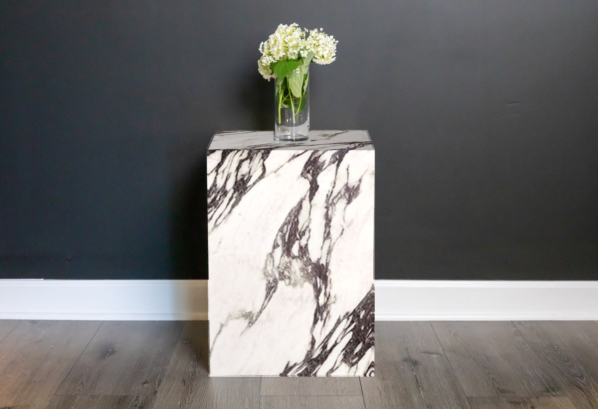 Neolith plinth side table in Calacatta Viola | Third Coast Stone