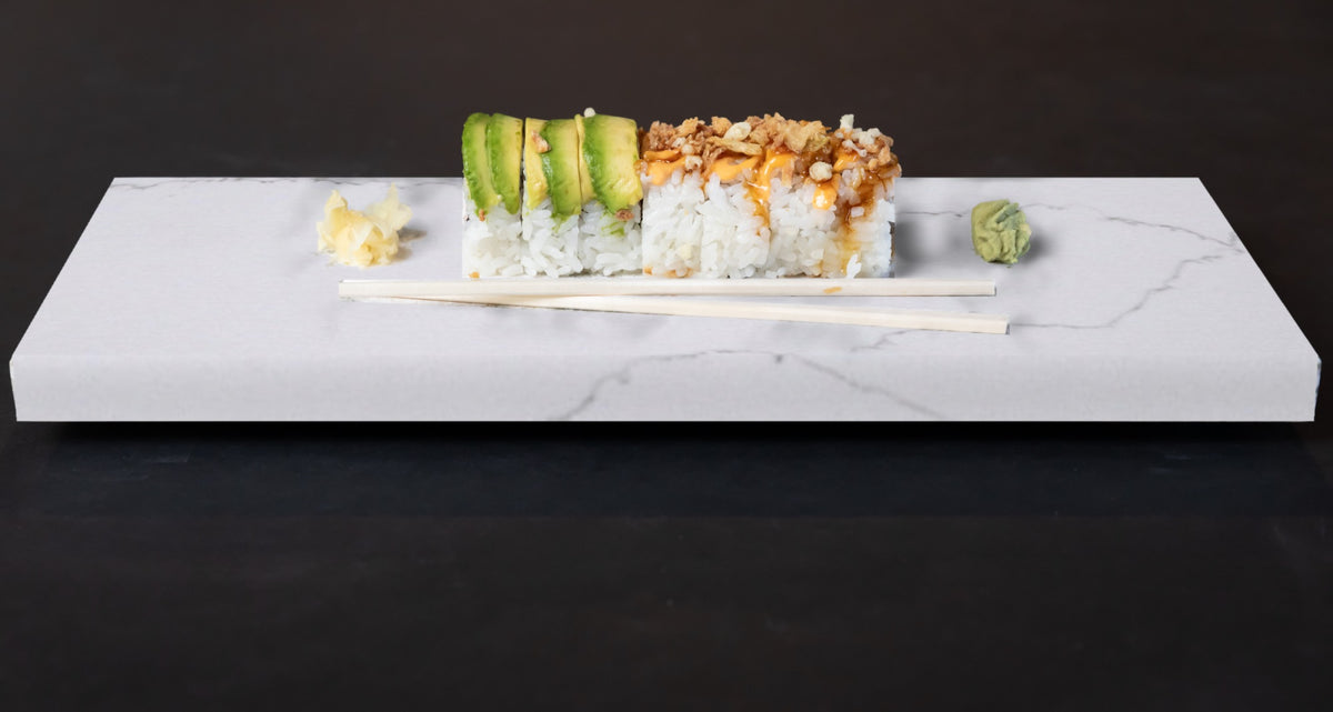 Quartz sushi tray in Calacatta Grigio | Third Coast Stone